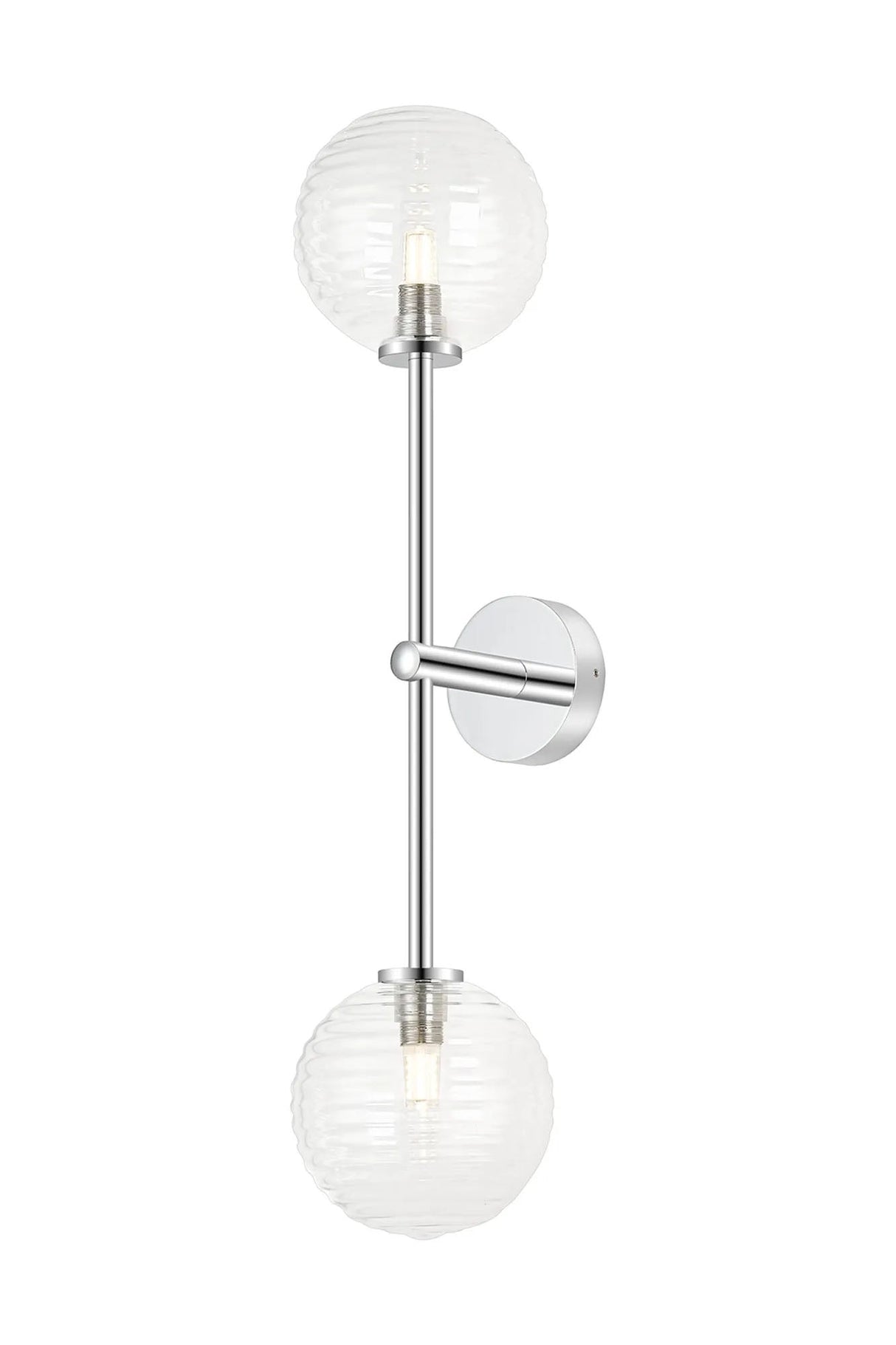 Whitley Tall Arm Wall Lamp 2 Light IP44 Polished Chrome/Clear Ribbed Round Glass