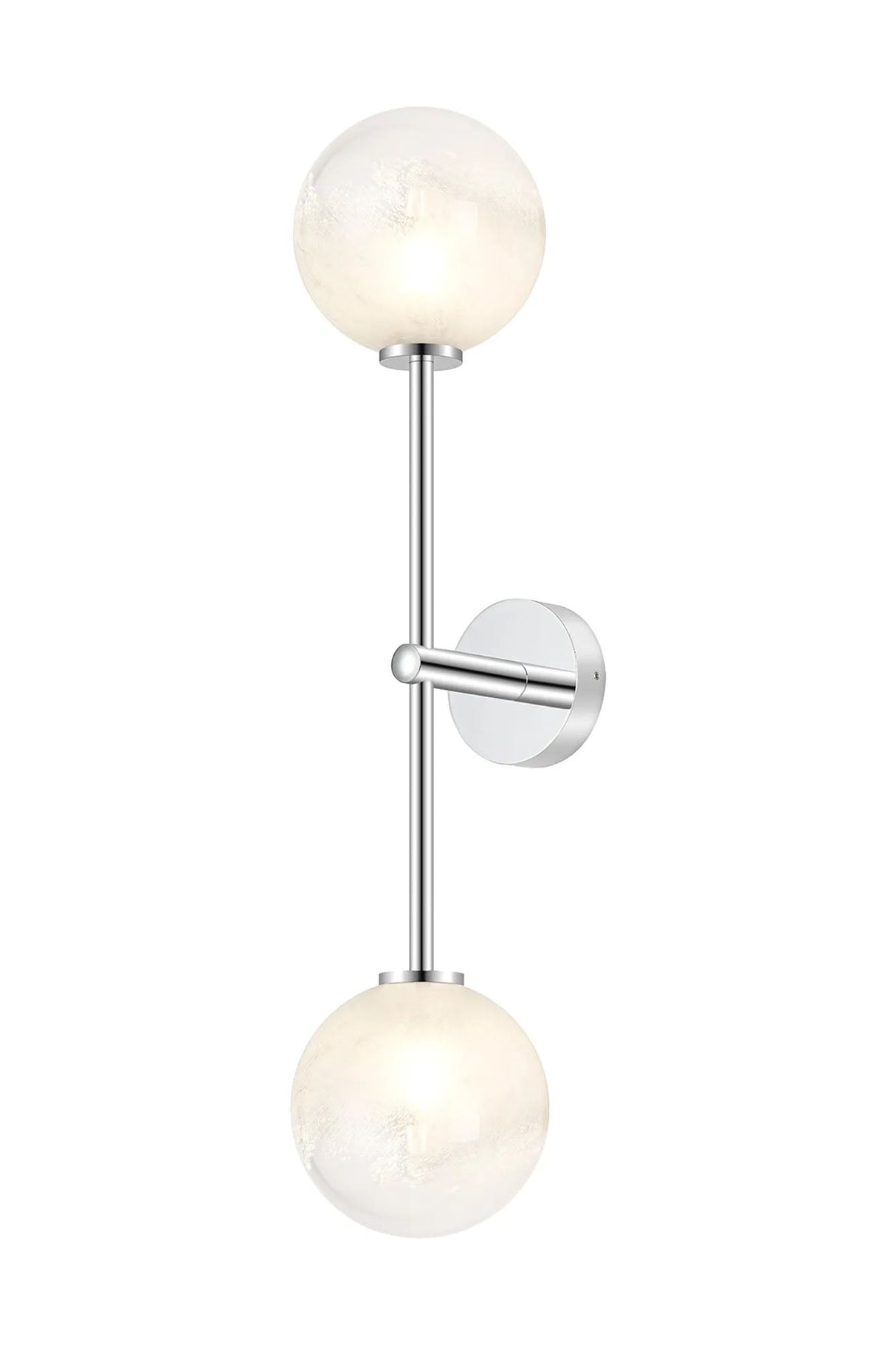 Whitley Tall Arm Wall Lamp 2 Light IP44 Polished Chrome/White Two-Tone Snow Specks Round Glass