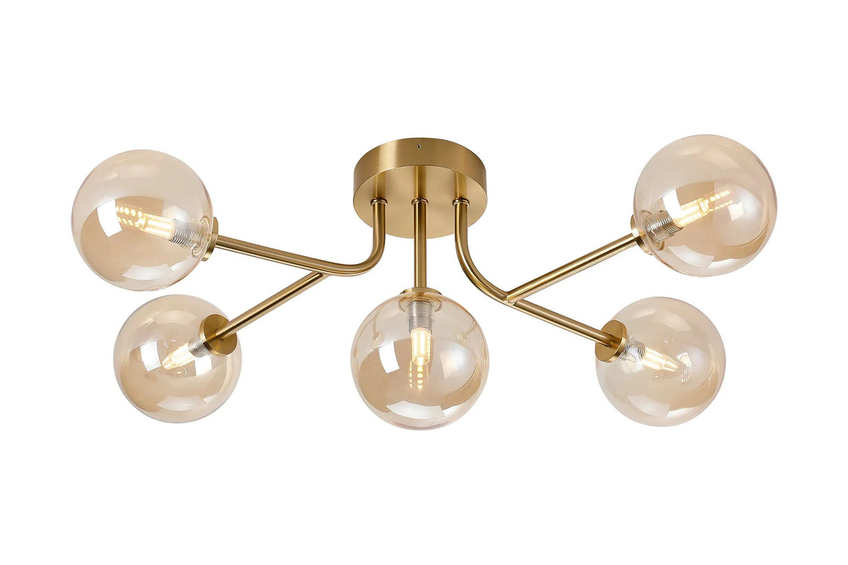 Whitley Linear Semi Flush Ceiling 5 Light IP44 Brass gold/Amber Smooth Round Glass