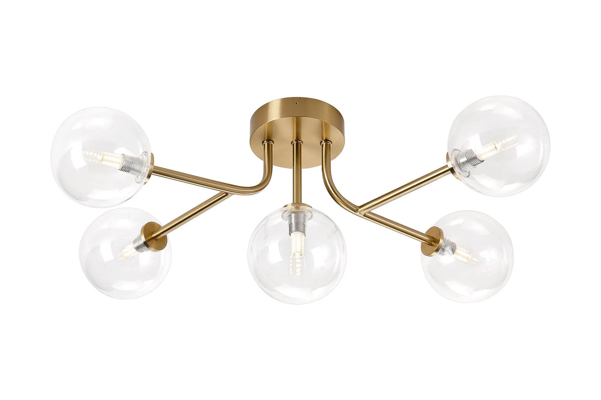 Whitley Linear Semi Flush Ceiling 5 Light IP44 Brass gold/Clear Smooth Round Glass