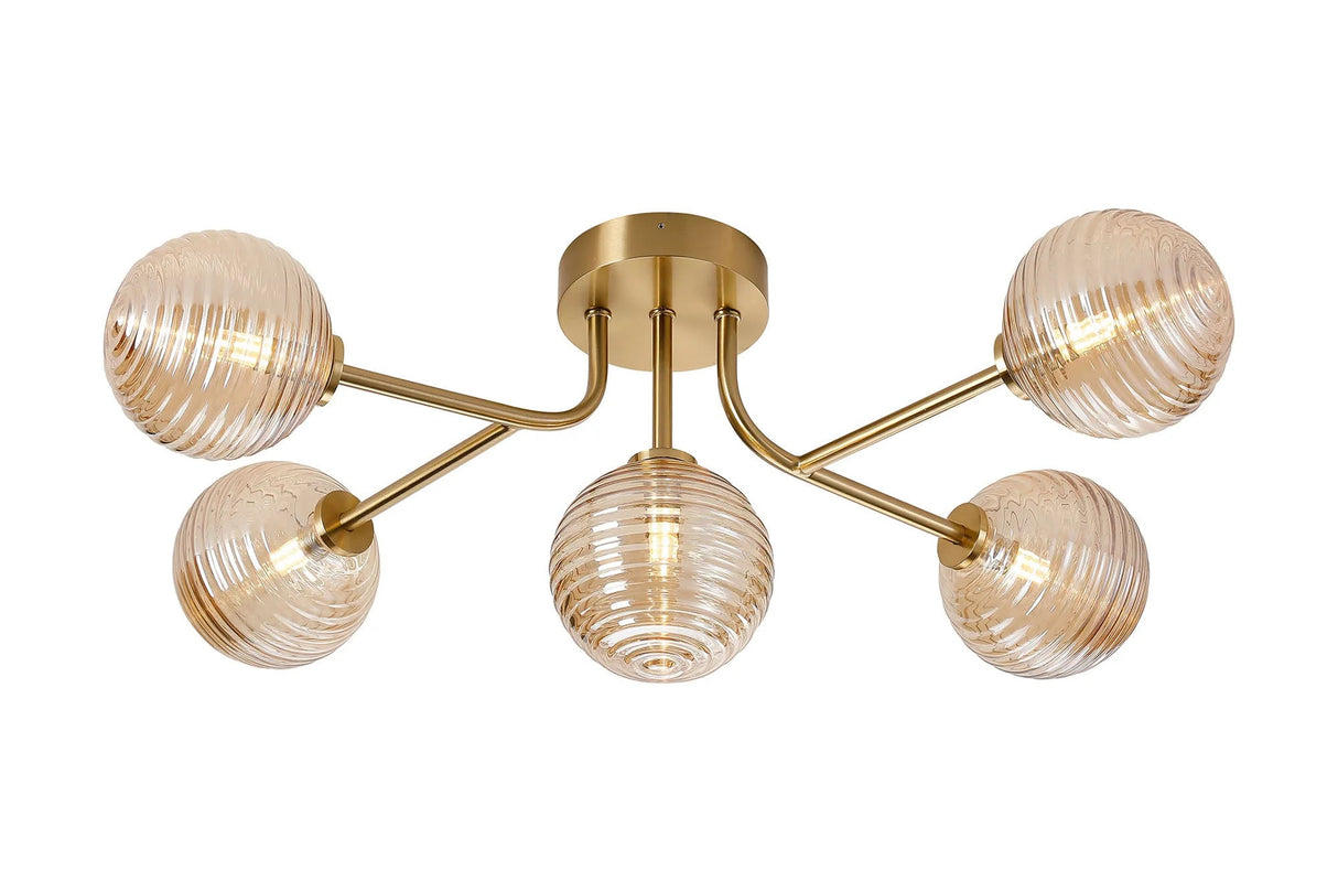 Whitley Linear Semi Flush Ceiling 5 Light IP44 Brass gold/Amber Ribbed Round Glass