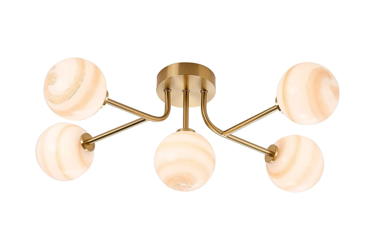 Whitley Linear Semi Flush Ceiling 5 Light IP44 Brass gold/Brown Round Marble Effect Glass
