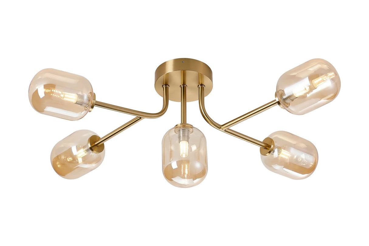 Whitley Linear Semi Flush Ceiling 5 Light IP44 Brass gold/Amber Smooth Tubular Glass