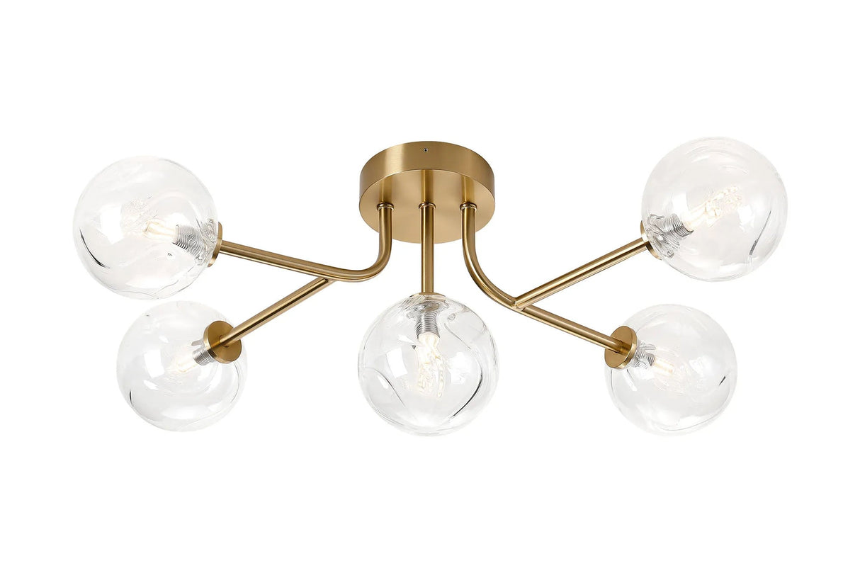 Whitley Linear Semi Flush Ceiling 5 Light IP44 Brass gold/Clear Waved Round Glass
