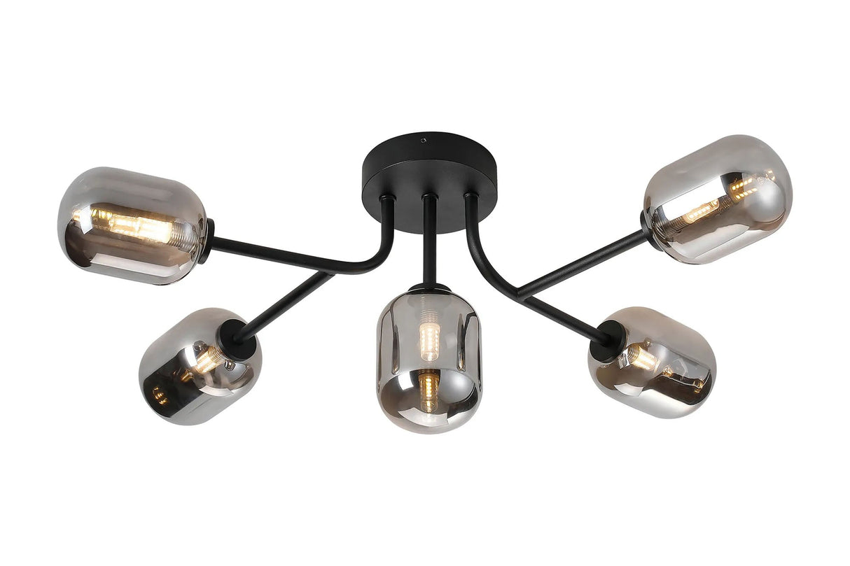 Whitley Linear Semi Flush Ceiling 5 Light IP44 Satin Black/Smoke Smooth Tubular Glass