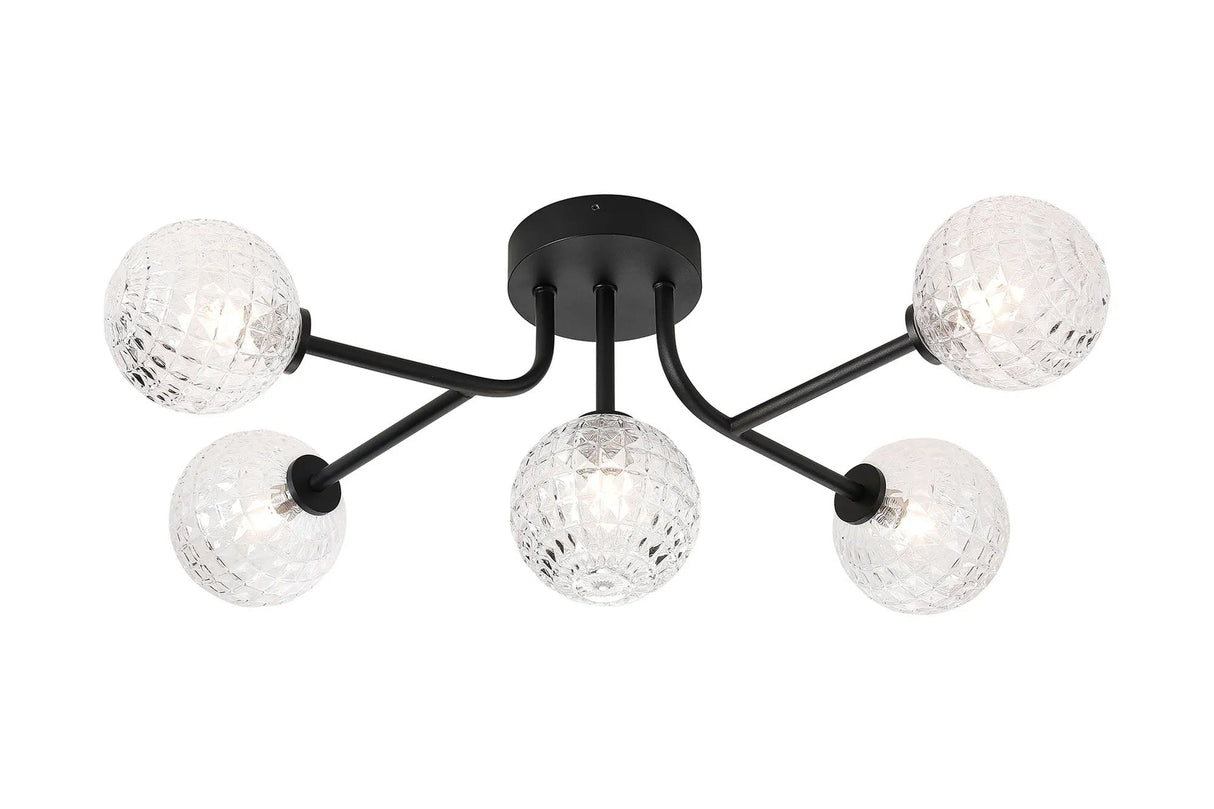Whitley Linear Semi Flush Ceiling 5 Light IP44 Satin Black/Clear Cross Pattern Round Glass