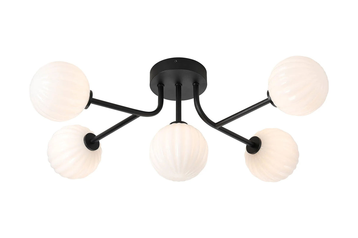 Whitley Linear Semi Flush Ceiling 5 Light IP44 Satin Black/Opal Round Segment Glass