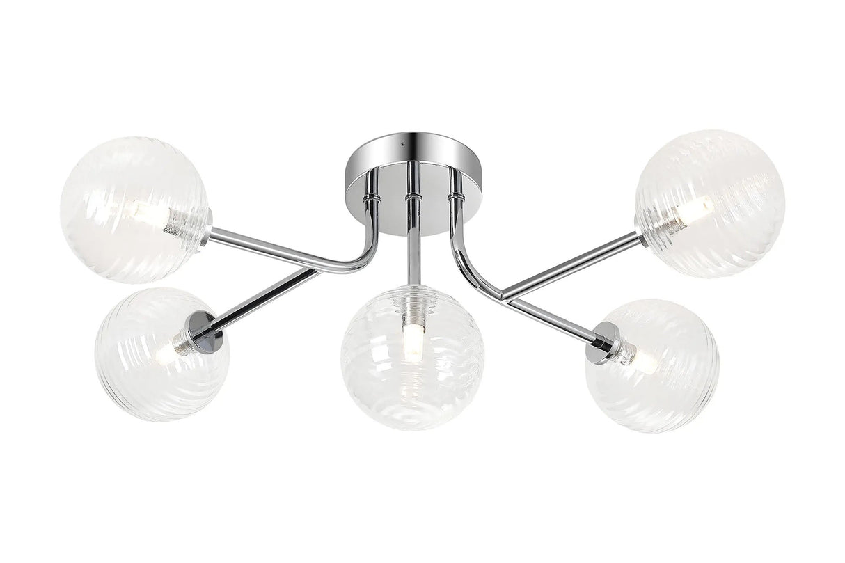 Whitley Linear Semi Flush Ceiling 5 Light IP44 Polished Chrome/Clear Ribbed Round Glass