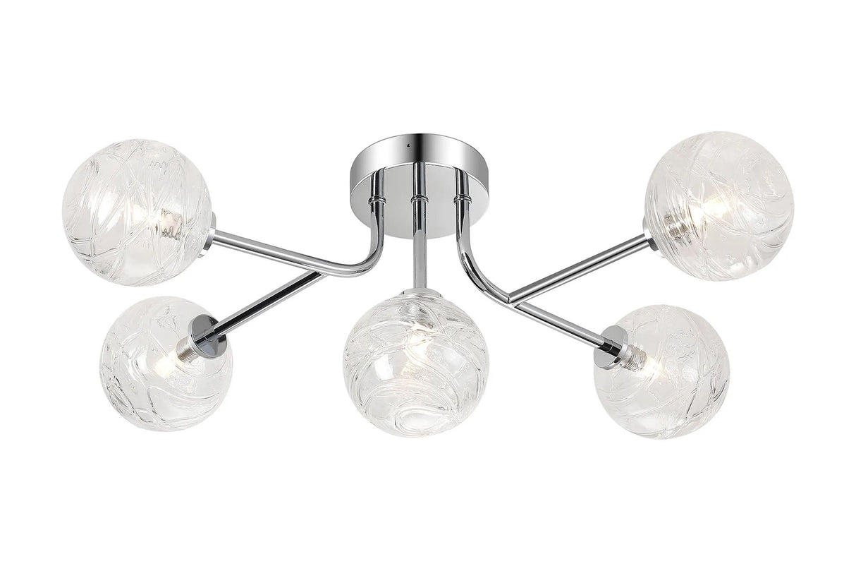 Whitley Linear Semi Flush Ceiling 5 Light IP44 Polished Chrome/Clear Dune Effect Round Glass