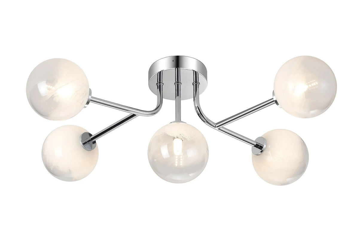 Whitley Linear Semi Flush Ceiling 5 Light IP44 Polished Chrome/White Two-Tone Snow Specks Round Glass