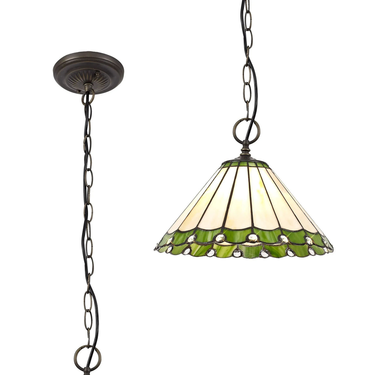 Williams 1 Light Downlighter Pendant E27 With 30cm Tiffany Shade, Green/Cream/Crystal/Aged Antique Brass