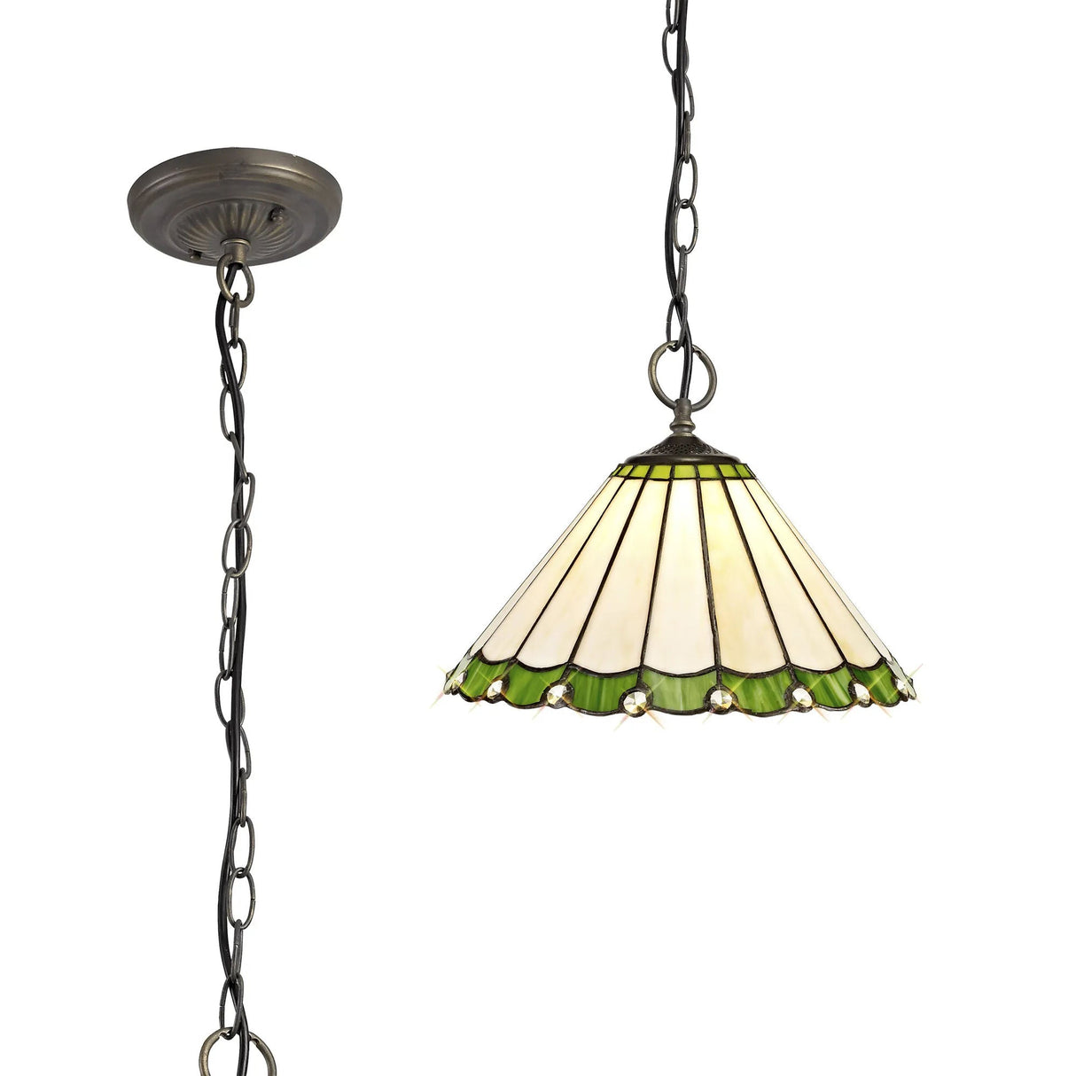 Williams 3 Light Downlighter Pendant E27 With 30cm Tiffany Shade, Green/Cream/Crystal/Aged Antique Brass