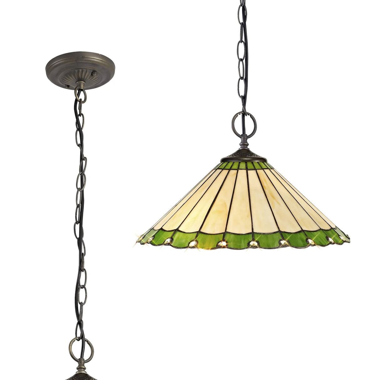 Williams 2 Light Downlighter Pendant E27 With 40cm Tiffany Shade, Green/Cream/Crystal/Aged Antique Brass