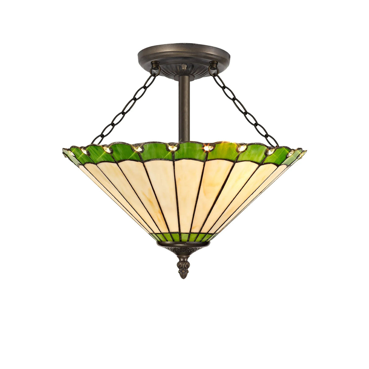 Williams 3 Light Semi Flush E27 With 40cm Tiffany Shade, Green/Cream/Crystal/Aged Antique Brass