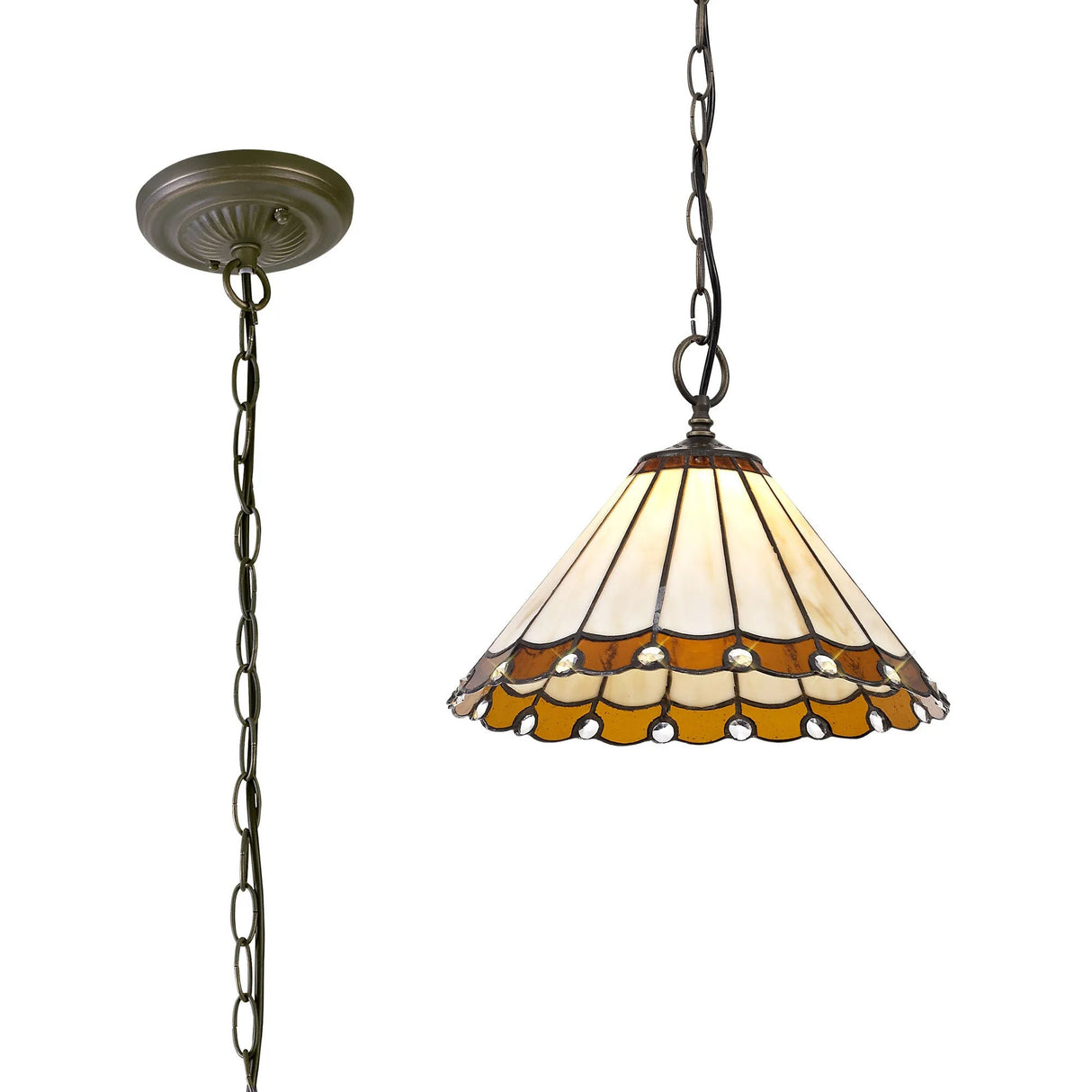 Williams 1 Light Downlighter Pendant E27 With 30cm Tiffany Shade, Amber/Cream/Crystal/Aged Antique Brass