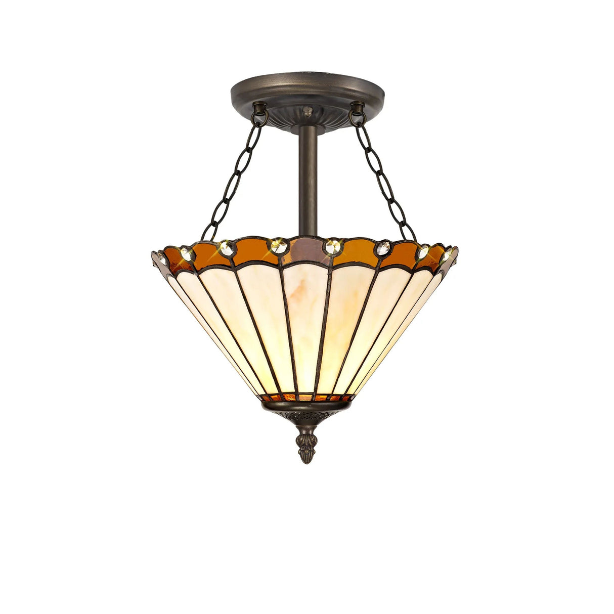 Williams 3 Light Semi Flush E27 With 30cm Tiffany Shade, Amber/Cream/Crystal/Aged Antique Brass