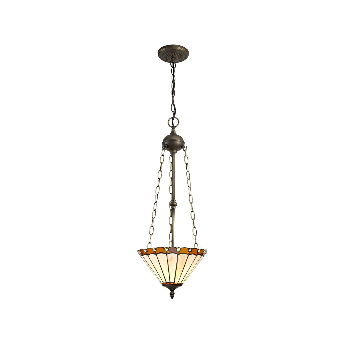 Williams 3 Light Uplighter Pendant E27 With 30cm Tiffany Shade, Amber/Cream/Crystal/Aged Antique Brass