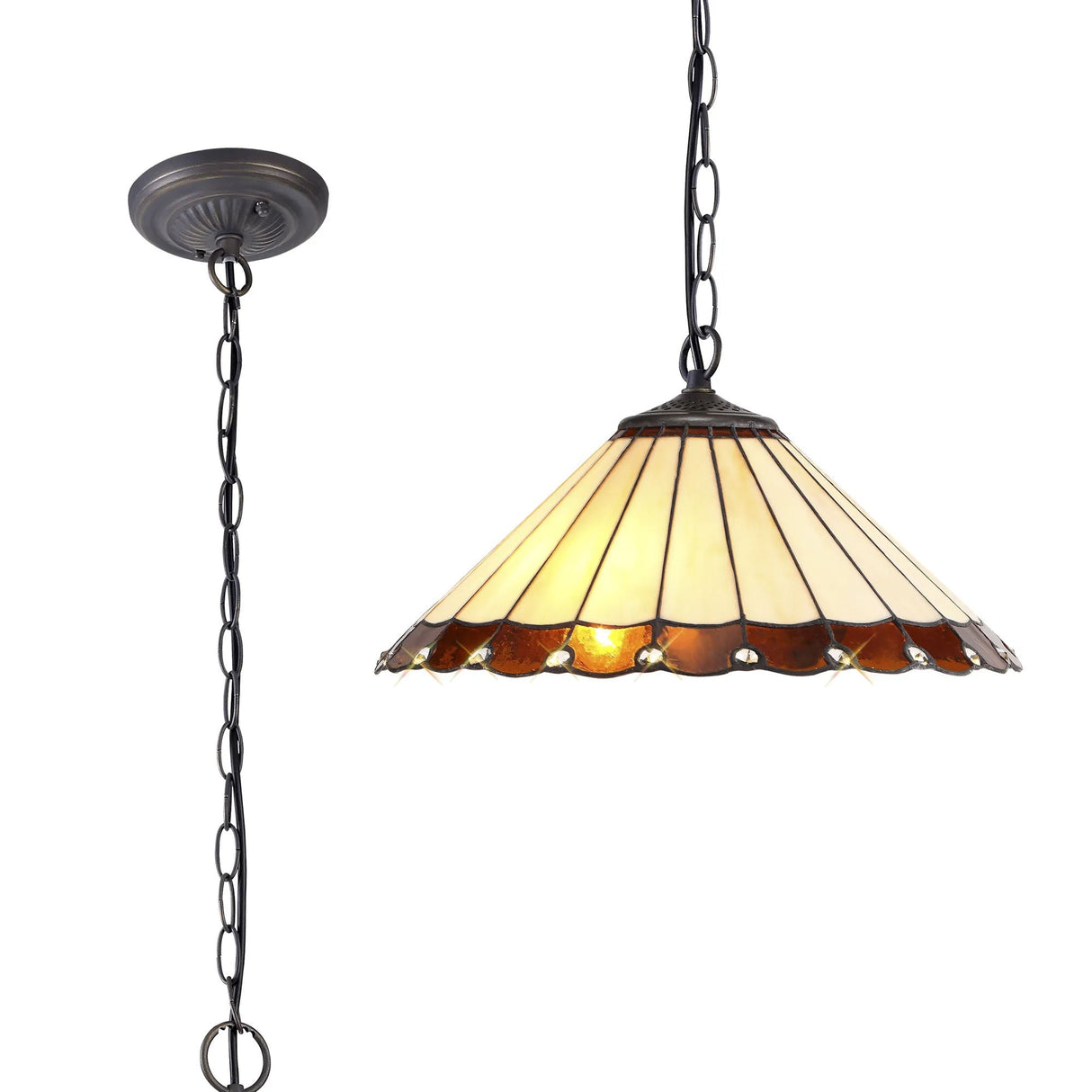 Williams 1 Light Downlighter Pendant E27 With 40cm Tiffany Shade, Amber/Cream/Crystal/Aged Antique Brass