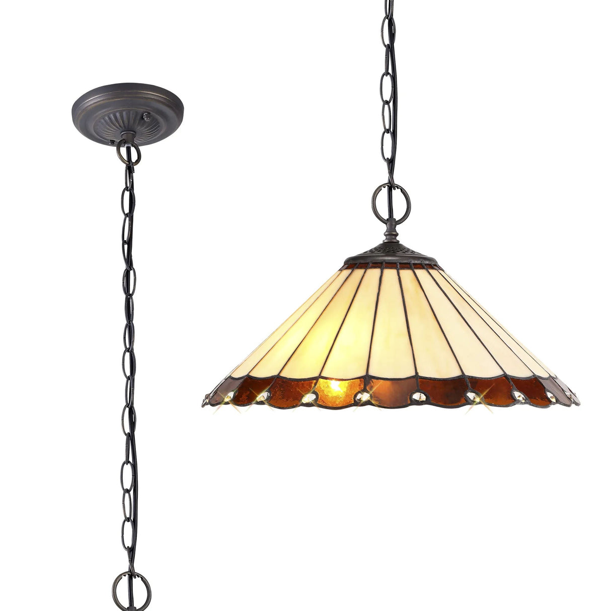 Williams 2 Light Downlighter Pendant E27 With 40cm Tiffany Shade, Amber/Cream/Crystal/Aged Antique Brass