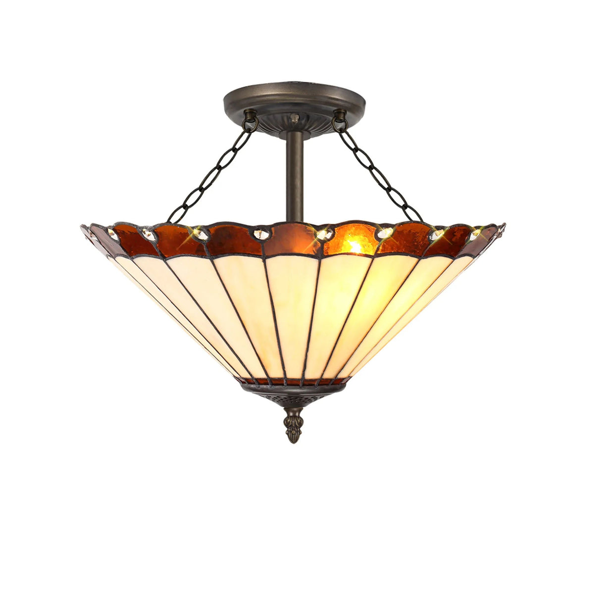 Williams 3 Light Semi Flush E27 With 40cm Tiffany Shade, Amber/Cream/Crystal/Aged Antique Brass