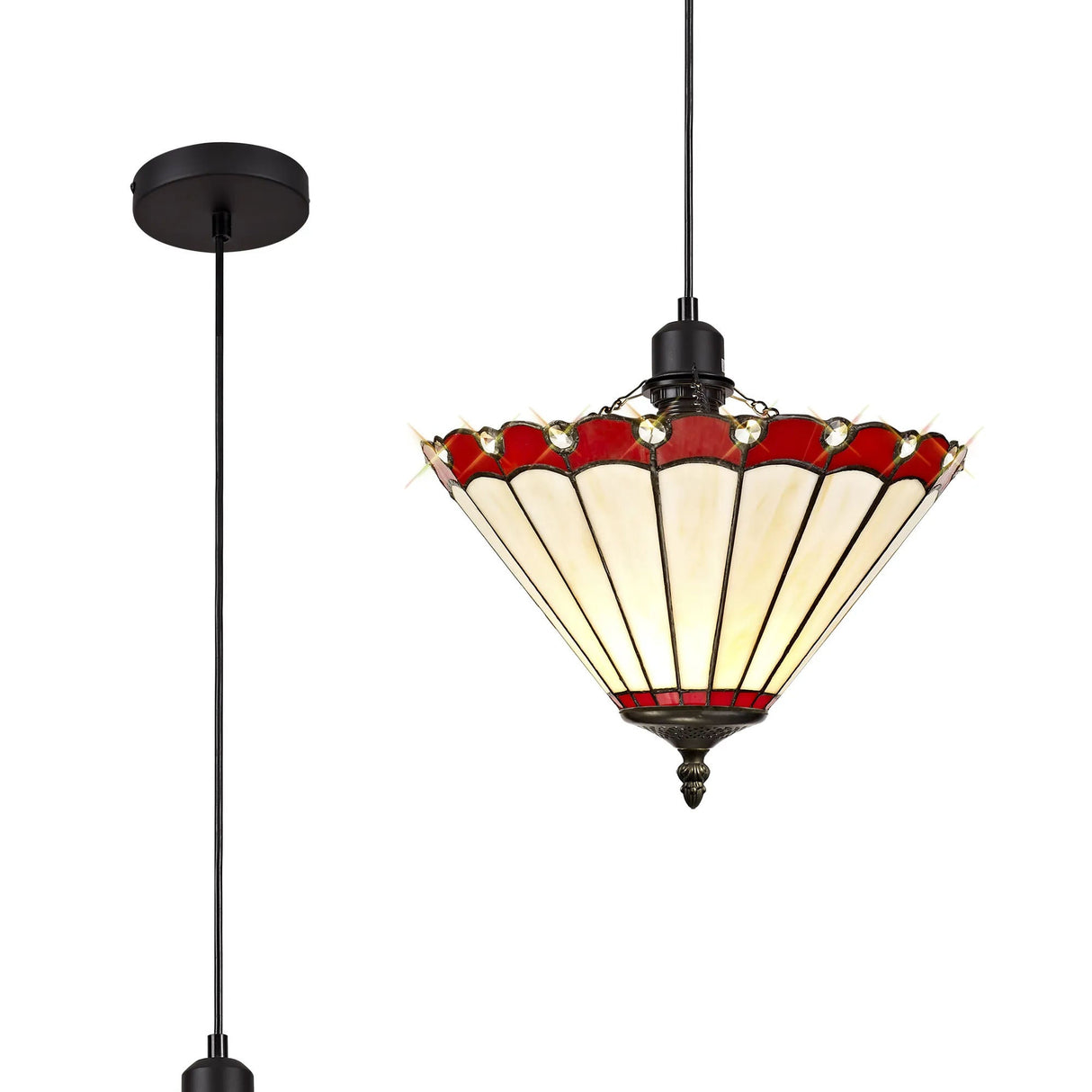 Williams 1 Light Uplighter Pendant E27 With 30cm Tiffany Shade, Red/Cream/Crystal/Black