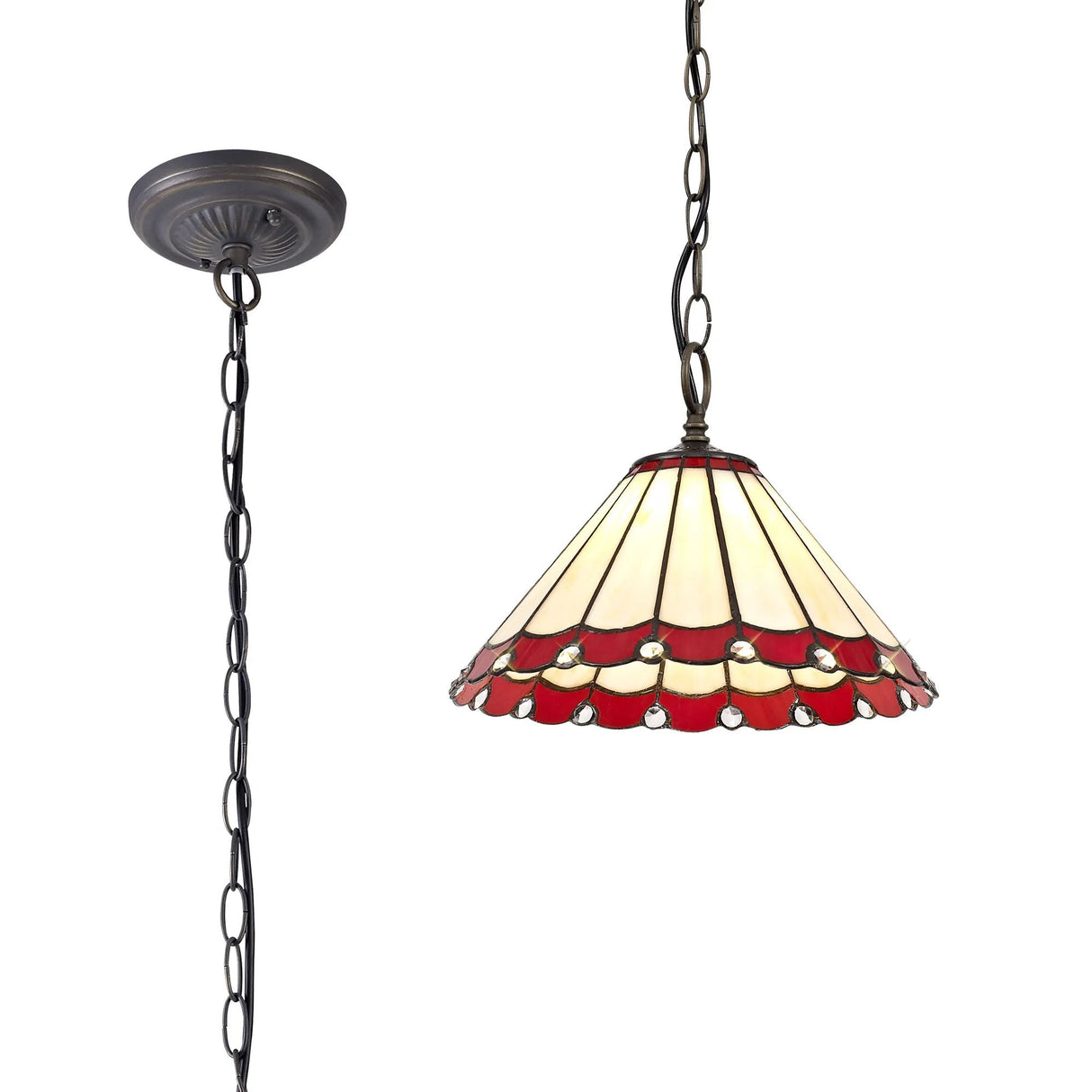 Williams 1 Light Downlighter Pendant E27 With 30cm Tiffany Shade, Red/Cream/Crystal/Aged Antique Brass