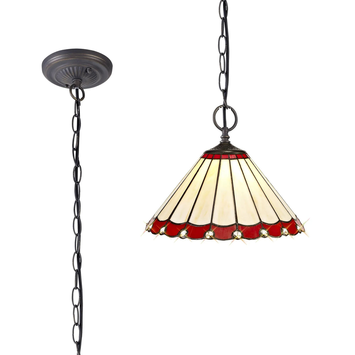 Williams 2 Light Downlighter Pendant E27 With 30cm Tiffany Shade, Red/Cream/Crystal/Aged Antique Brass