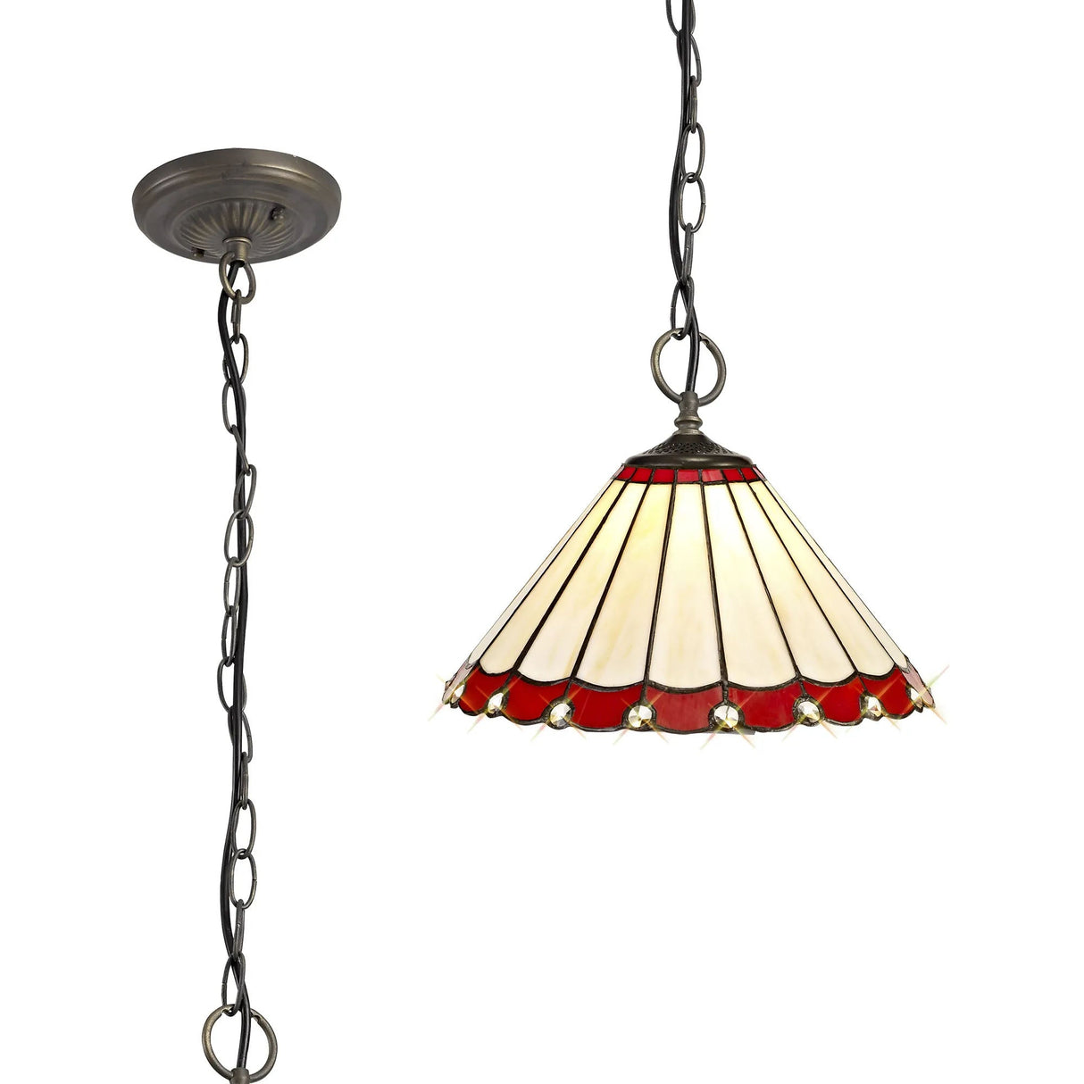 Williams 3 Light Downlighter Pendant E27 With 30cm Tiffany Shade, Red/Cream/Crystal/Aged Antique Brass