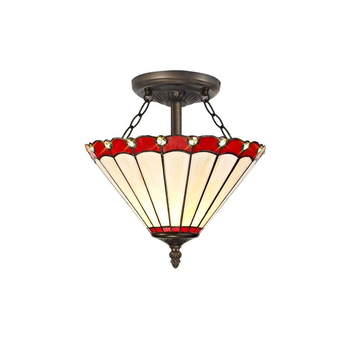 Williams 2 Light Semi Flush E27 With 30cm Tiffany Shade, Red/Cream/Crystal/Aged Antique Brass