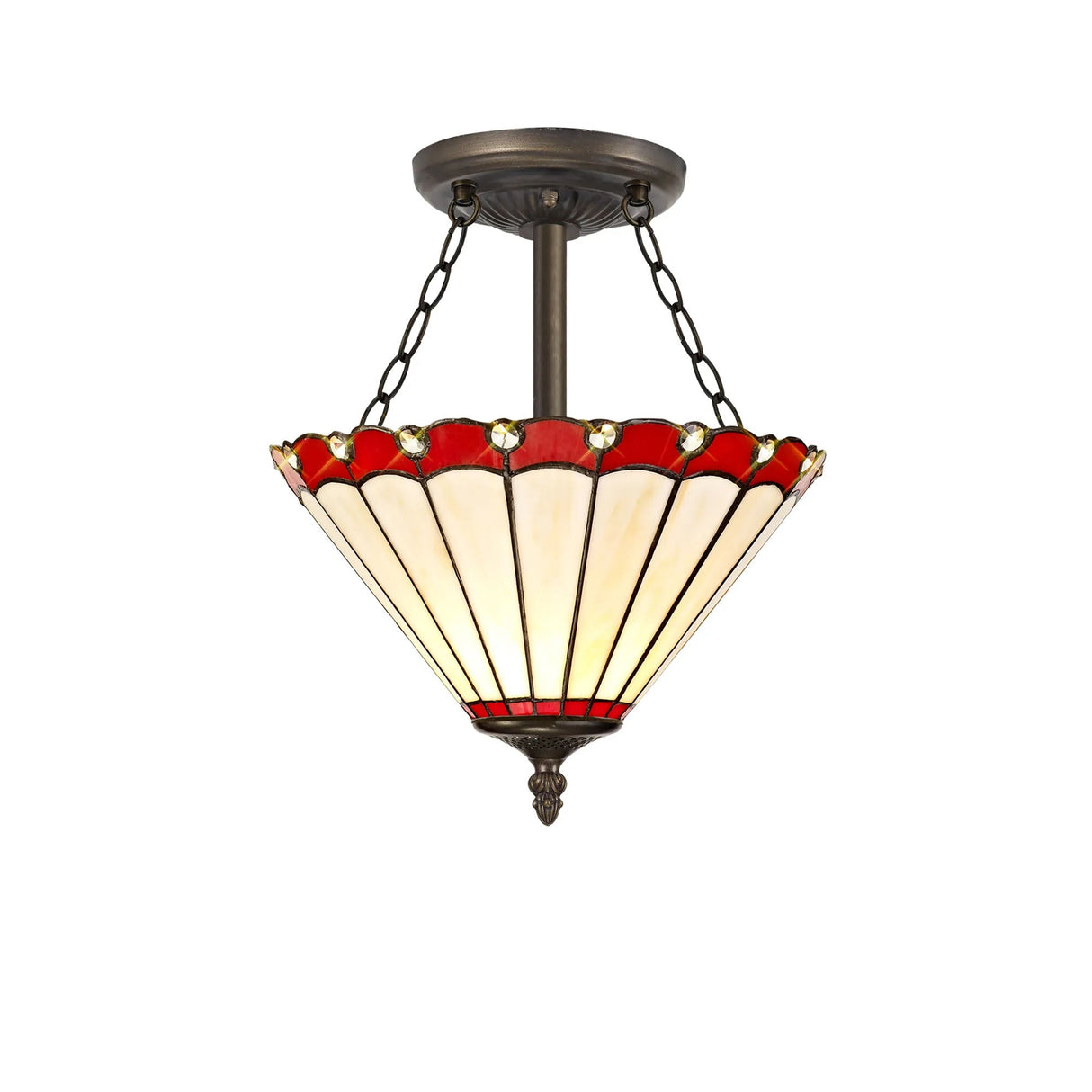 Williams 3 Light Semi Flush E27 With 30cm Tiffany Shade, Red/Cream/Crystal/Aged Antique Brass