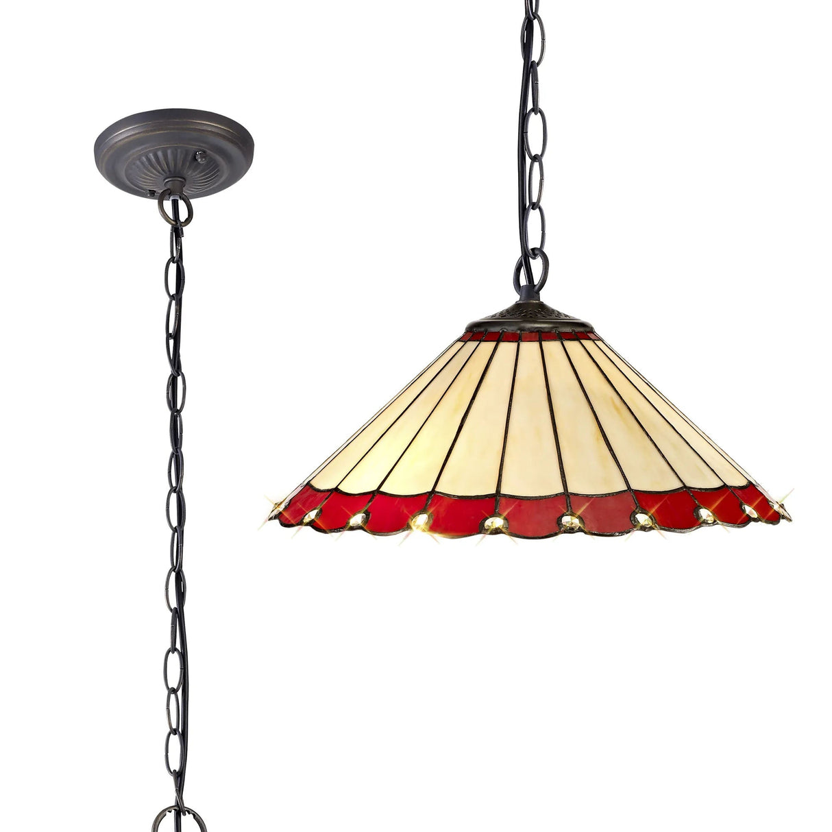 Williams 1 Light Downlighter Pendant E27 With 40cm Tiffany Shade, Red/Cream/Crystal/Aged Antique Brass