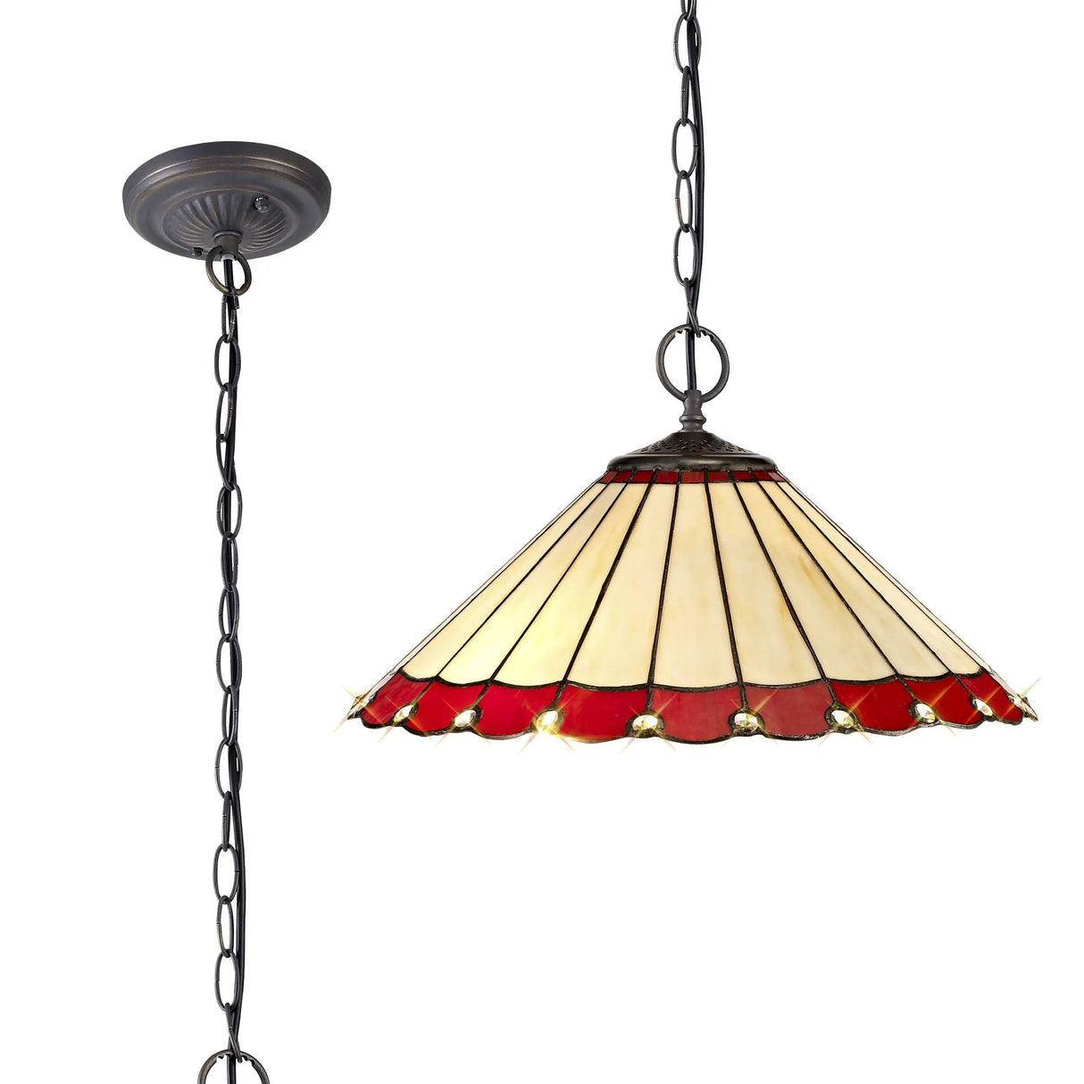 Williams 2 Light Downlighter Pendant E27 With 40cm Tiffany Shade, Red/Cream/Crystal/Aged Antique Brass