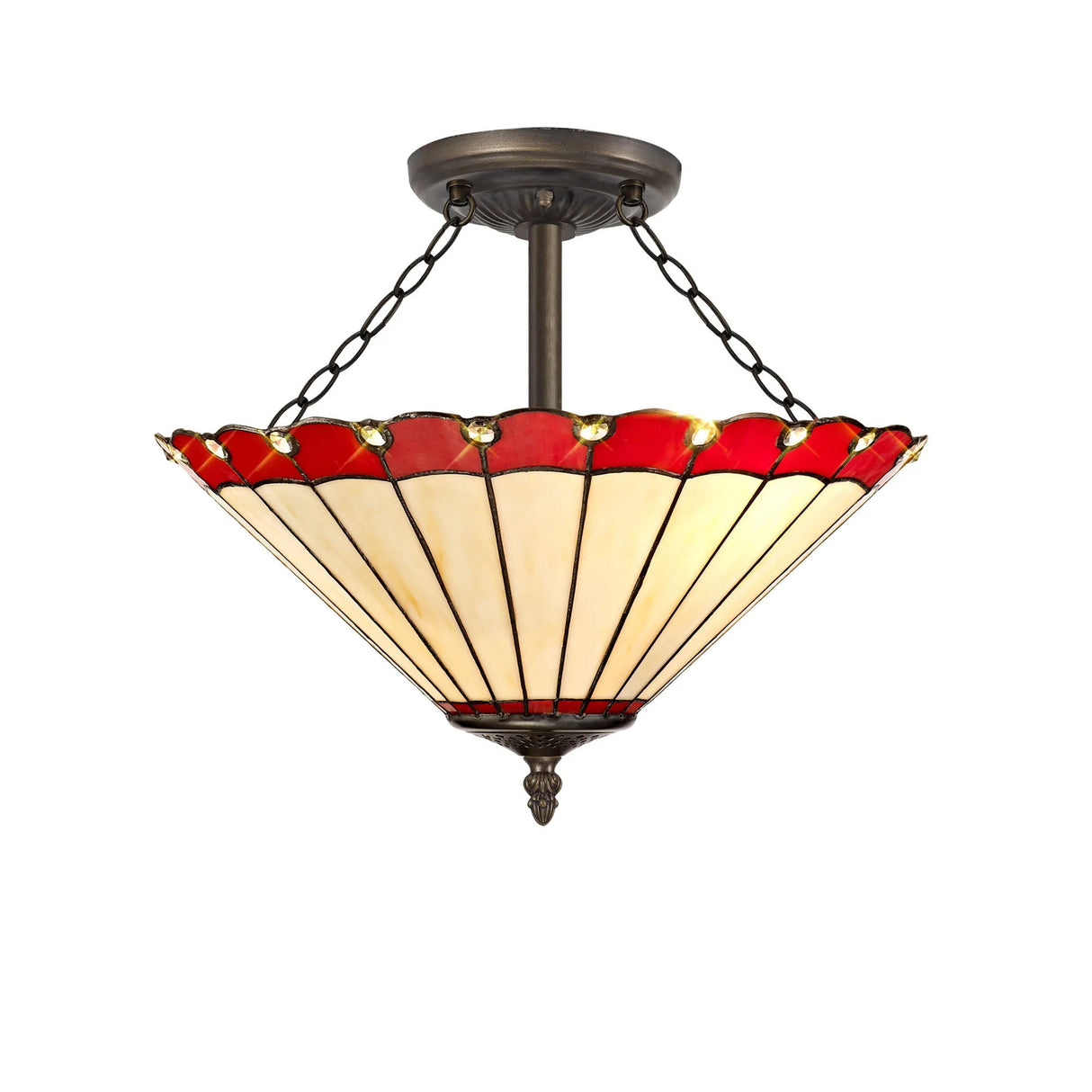 Williams 3 Light Semi Flush E27 With 40cm Tiffany Shade, Red/Cream/Crystal/Aged Antique Brass