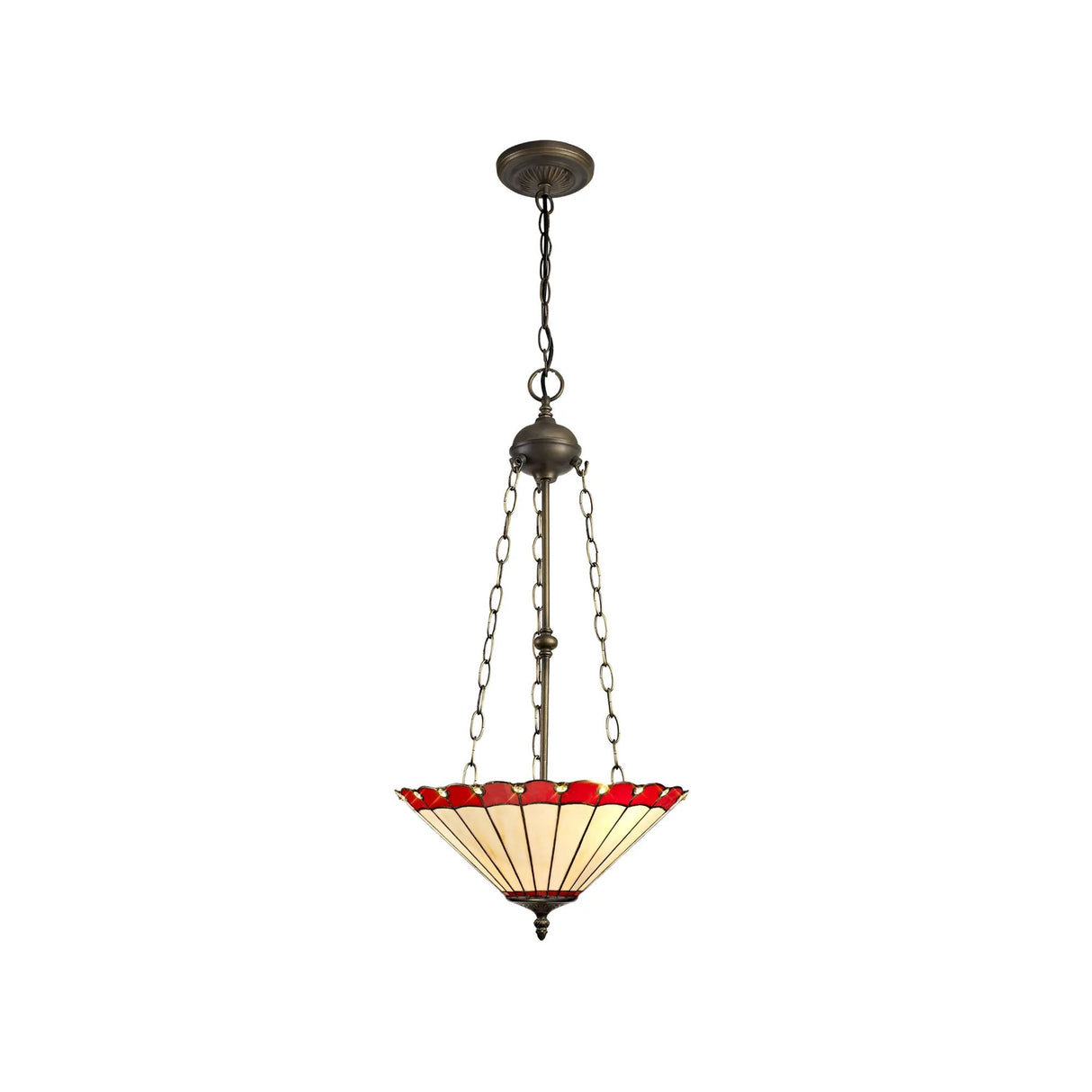 Williams 3 Light Uplighter Pendant E27 With 40cm Tiffany Shade, Red/Cream/Crystal/Aged Antique Brass