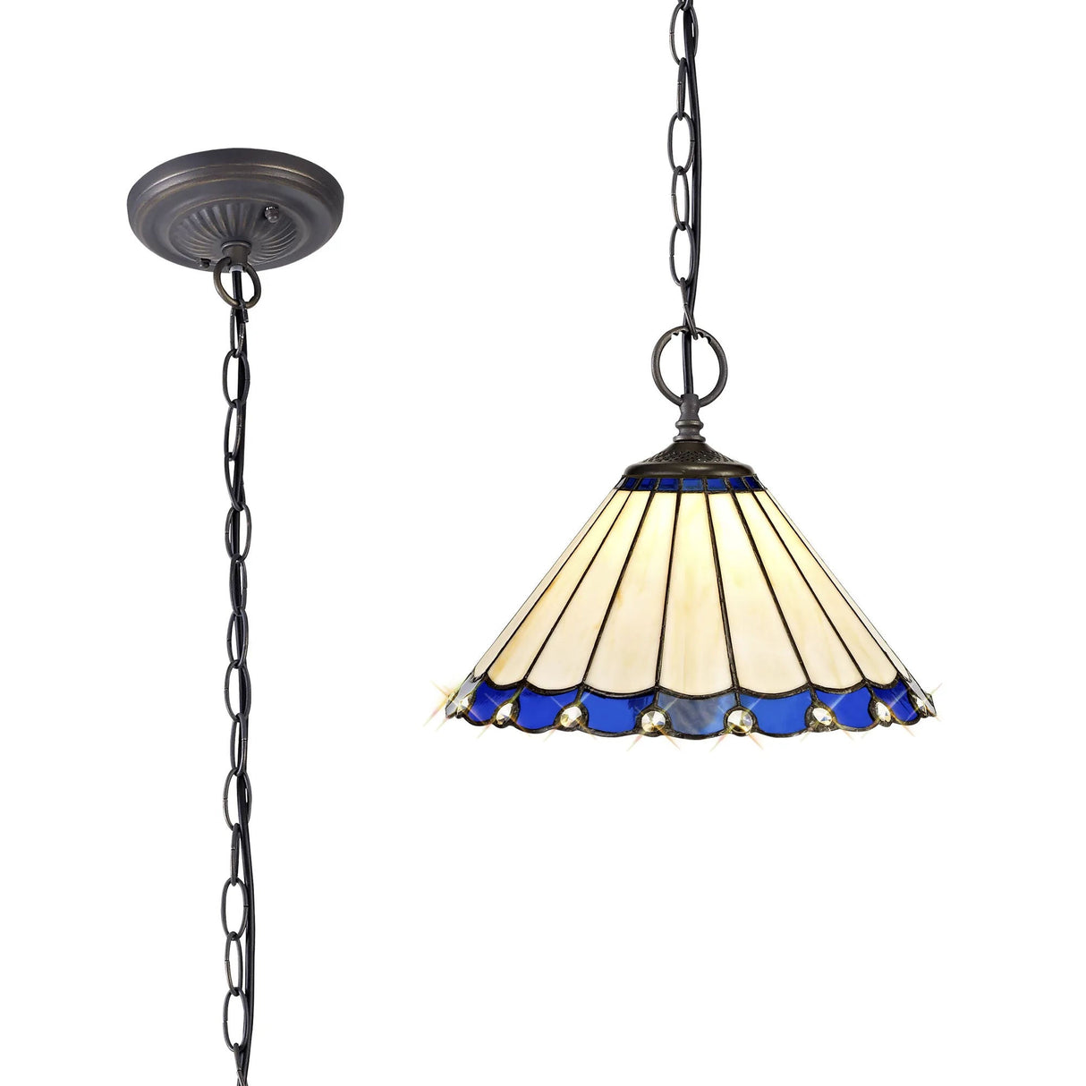 Williams 2 Light Downlighter Pendant E27 With 30cm Tiffany Shade, Blue/Cream/Crystal/Aged Antique Brass