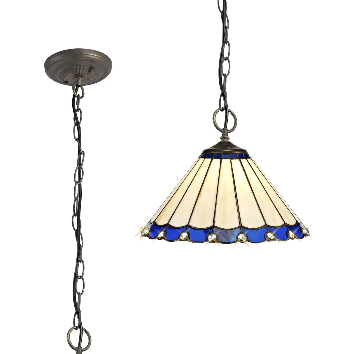 Williams 3 Light Downlighter Pendant E27 With 30cm Tiffany Shade, Blue/Cream/Crystal/Aged Antique Brass