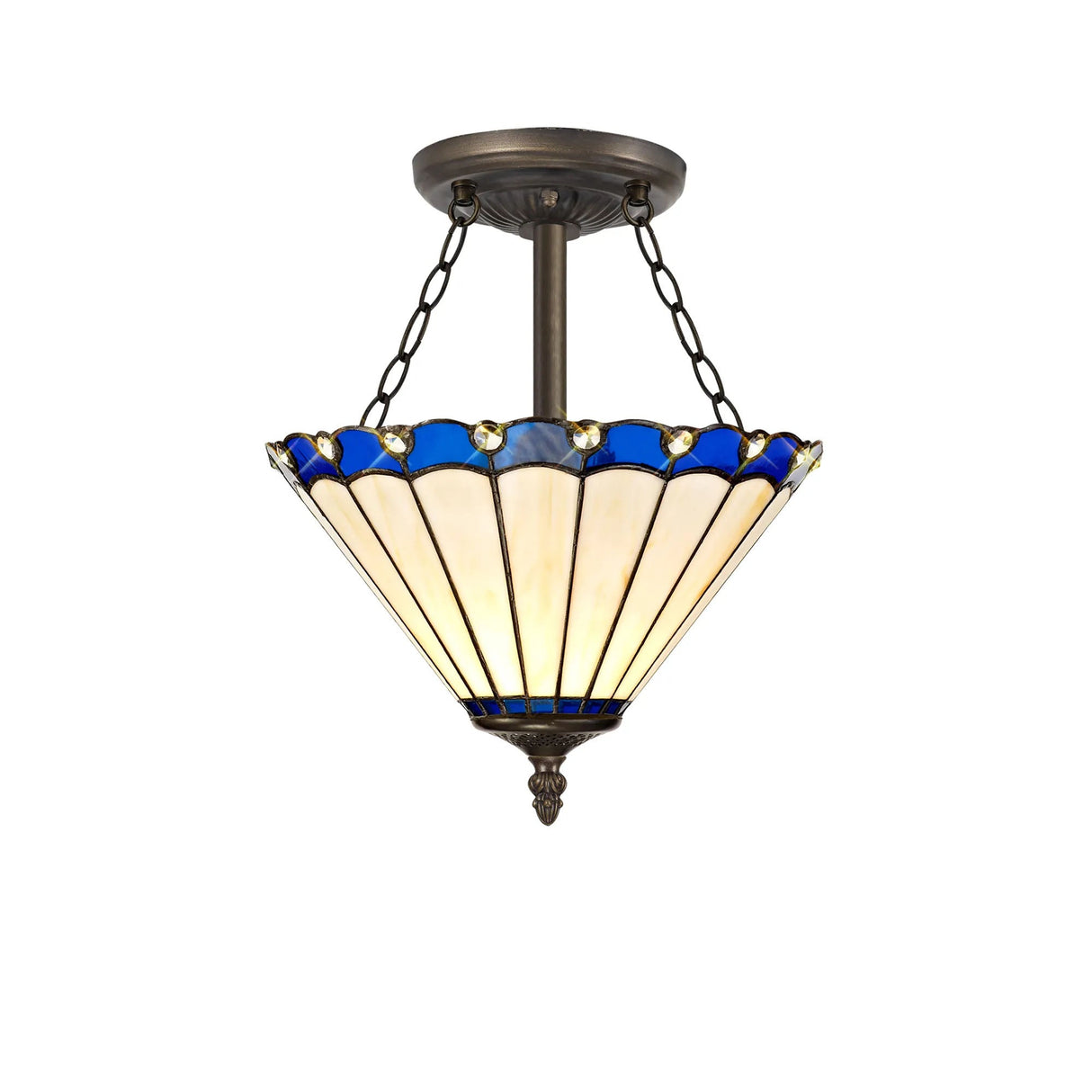 Williams 3 Light Semi Flush E27 With 30cm Tiffany Shade, Blue/Cream/Crystal/Aged Antique Brass