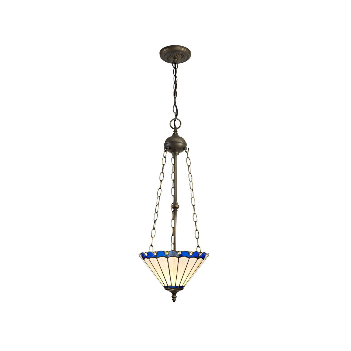 Williams 3 Light Uplighter Pendant E27 With 30cm Tiffany Shade, Blue/Cream/Crystal/Aged Antique Brass