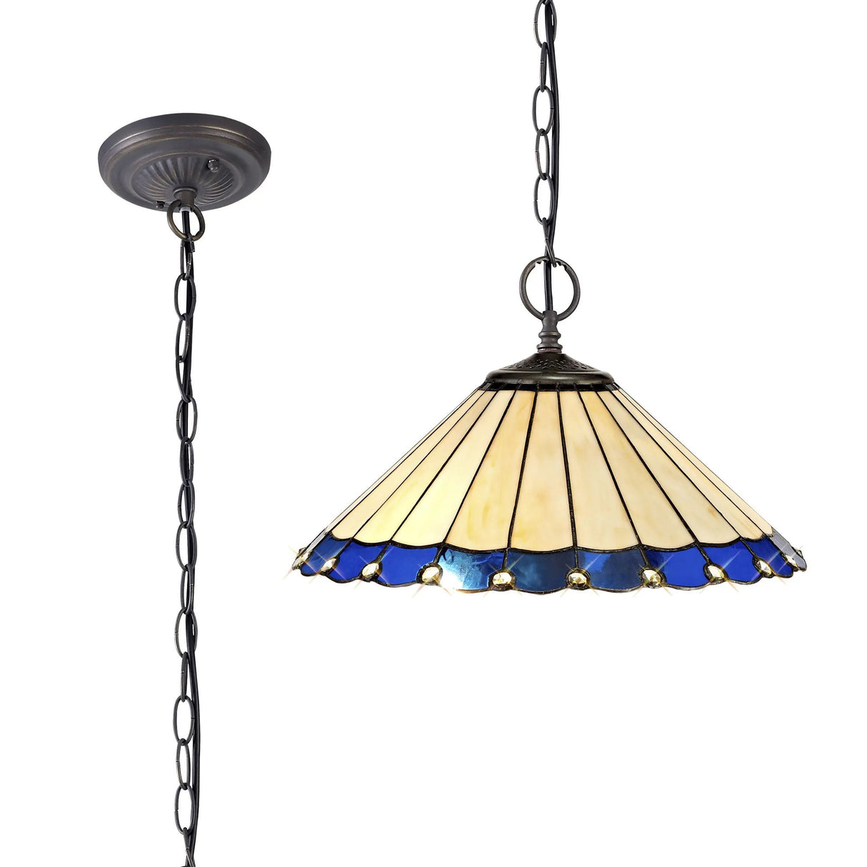 Williams 2 Light Downlighter Pendant E27 With 40cm Tiffany Shade, Blue/Cream/Crystal/Aged Antique Brass