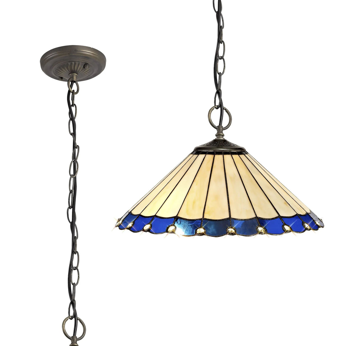 Williams 3 Light Downlighter Pendant E27 With 40cm Tiffany Shade, Blue/Cream/Crystal/Aged Antique Brass