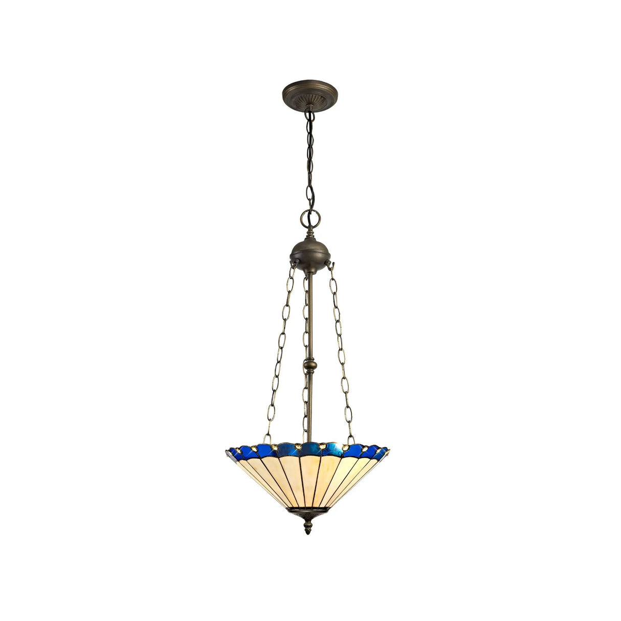 Williams 3 Light Uplighter Pendant E27 With 40cm Tiffany Shade, Blue/Cream/Crystal/Aged Antique Brass