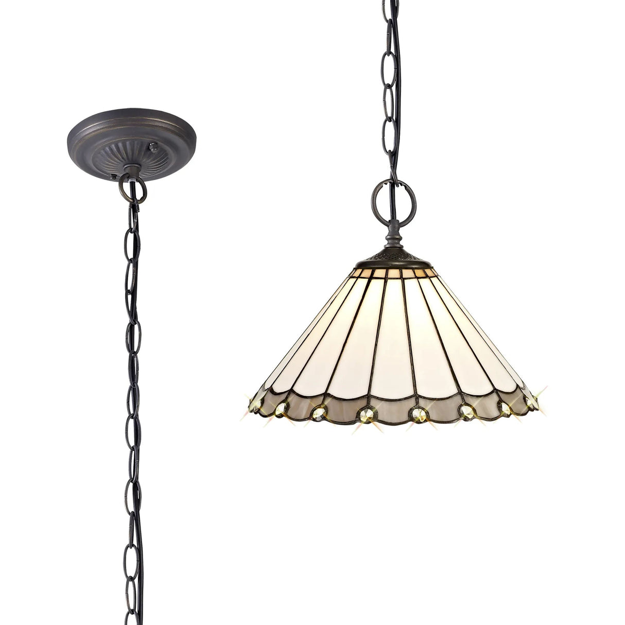 Williams 2 Light Downlighter Pendant E27 With 30cm Tiffany Shade, Grey/Cream/Crystal/Aged Antique Brass
