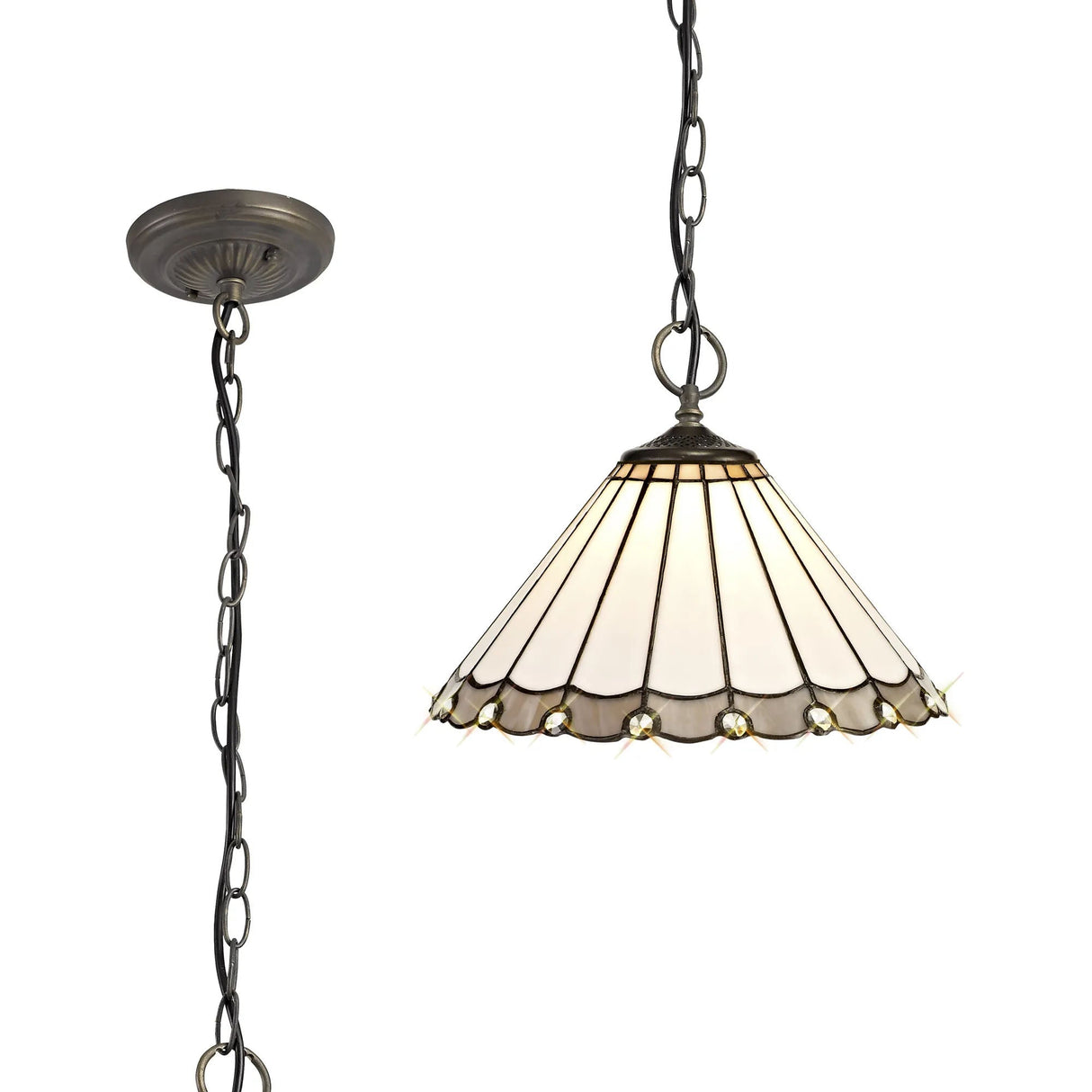 Williams 3 Light Downlighter Pendant E27 With 30cm Tiffany Shade, Grey/Cream/Crystal/Aged Antique Brass