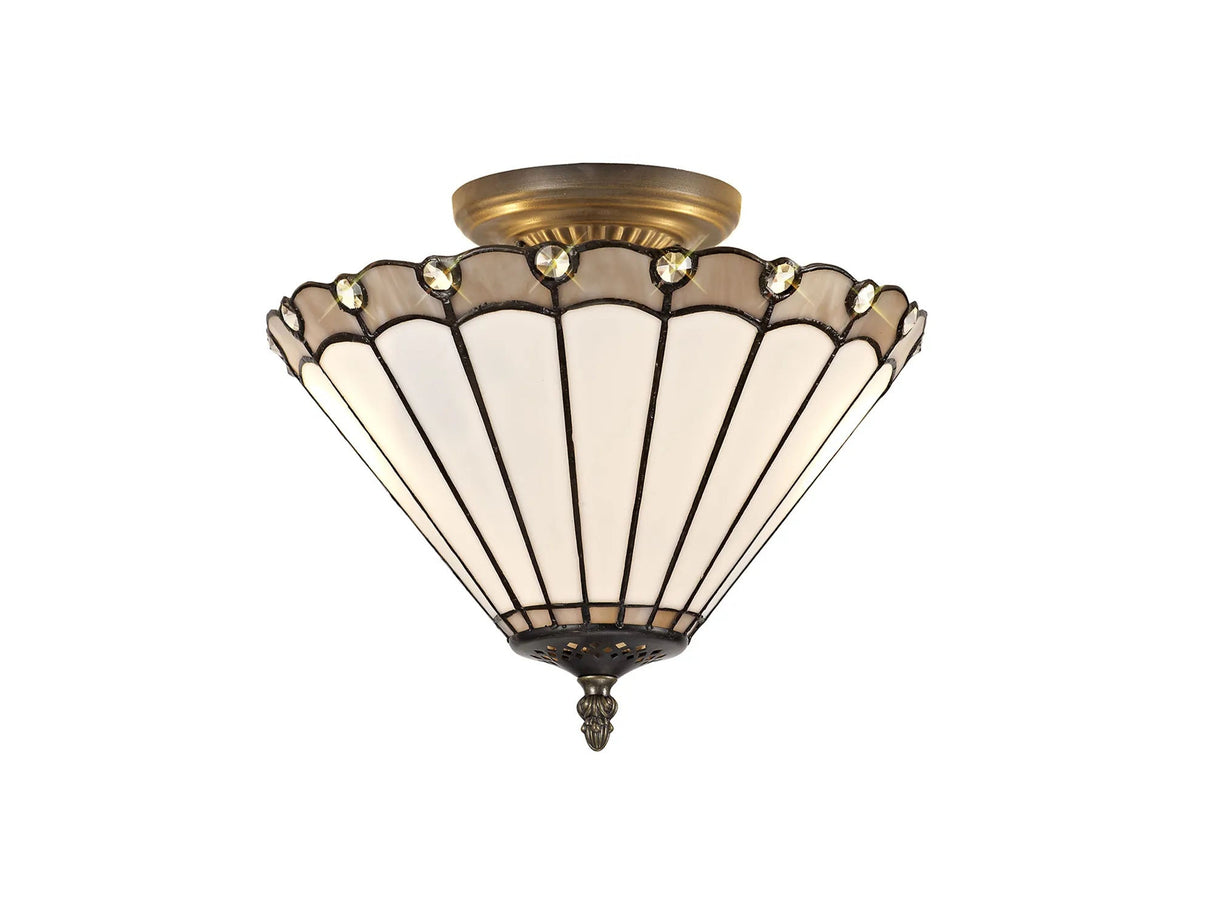 Williams 2 Light Semi Flush E27 With 30cm Tiffany Shade, Grey/Cream/Crystal/Aged Antique Brass