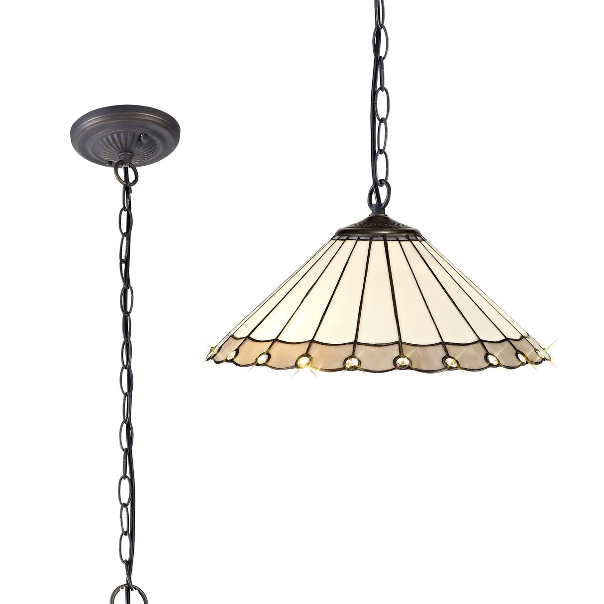 Williams 1 Light Downlighter Pendant E27 With 40cm Tiffany Shade, Grey/Cream/Crystal/Aged Antique Brass