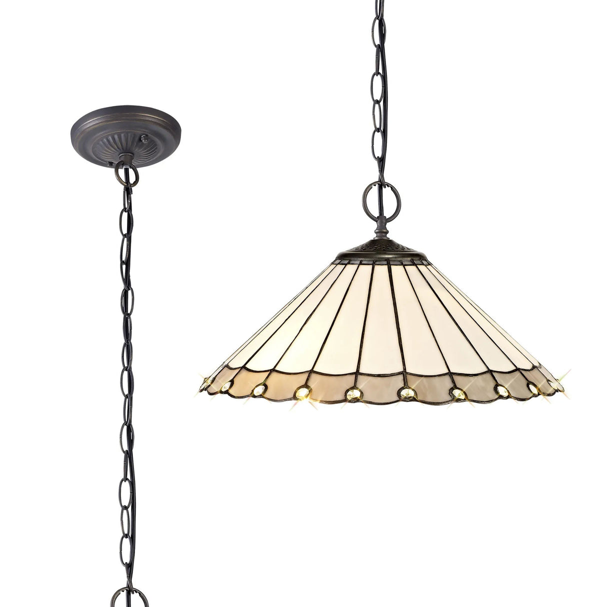 Williams 2 Light Downlighter Pendant E27 With 40cm Tiffany Shade, Grey/Cream/Crystal/Aged Antique Brass