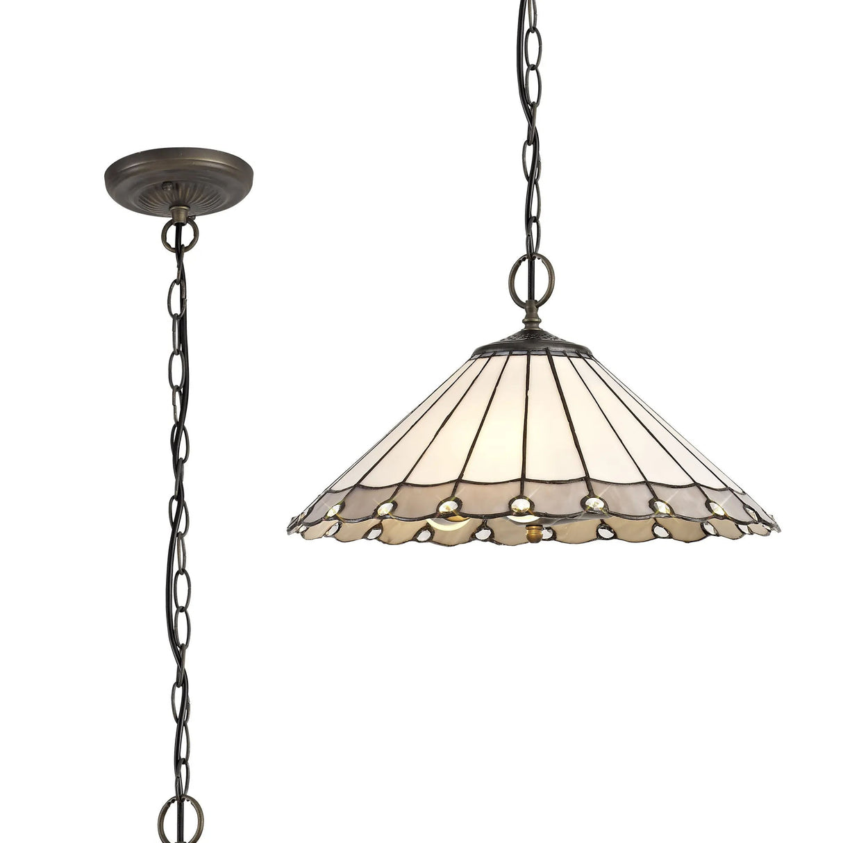 Williams 3 Light Downlighter Pendant E27 With 40cm Tiffany Shade, Grey/Cream/Crystal/Aged Antique Brass