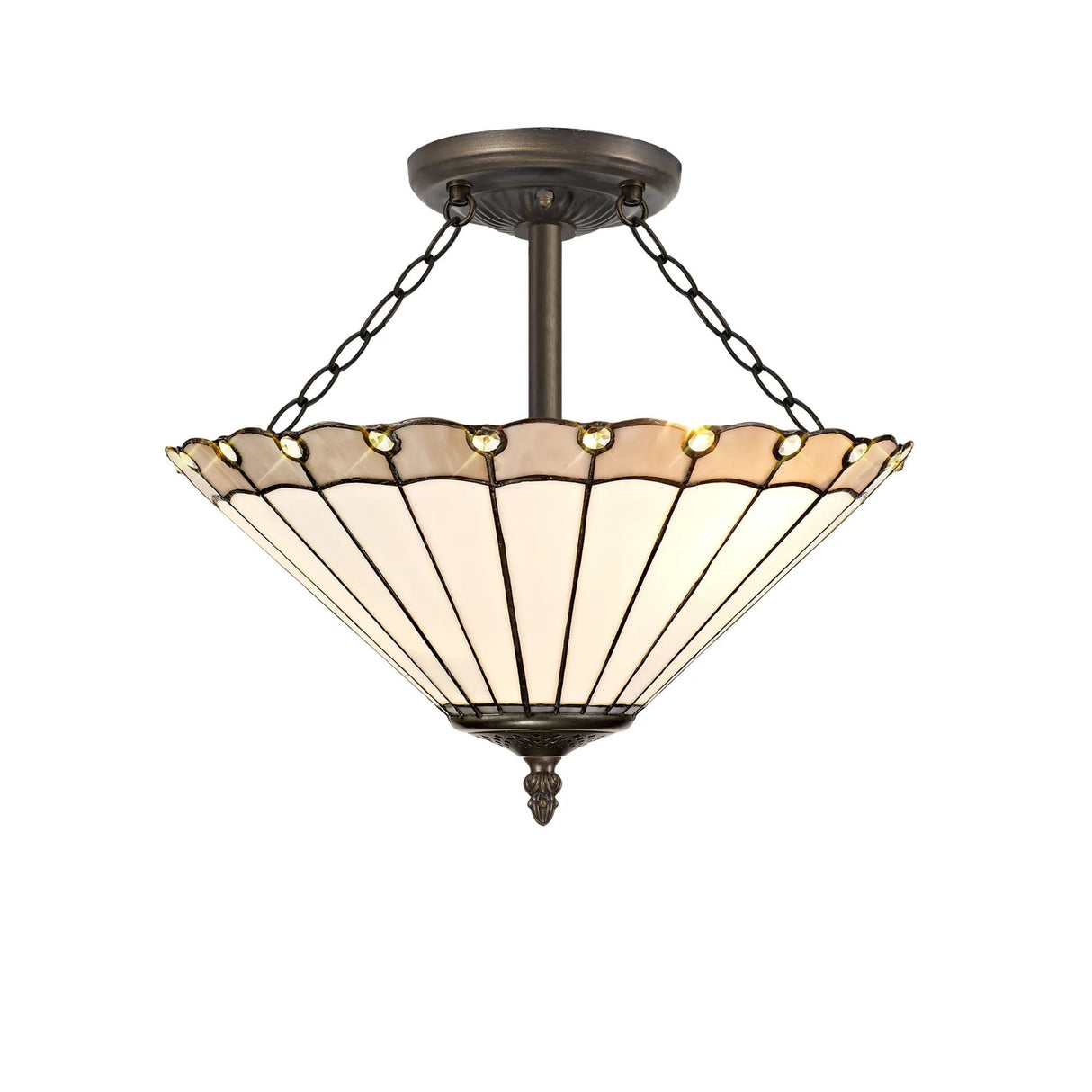Williams 3 Light Semi Flush E27 With 40cm Tiffany Shade, Grey/Cream/Crystal/Aged Antique Brass