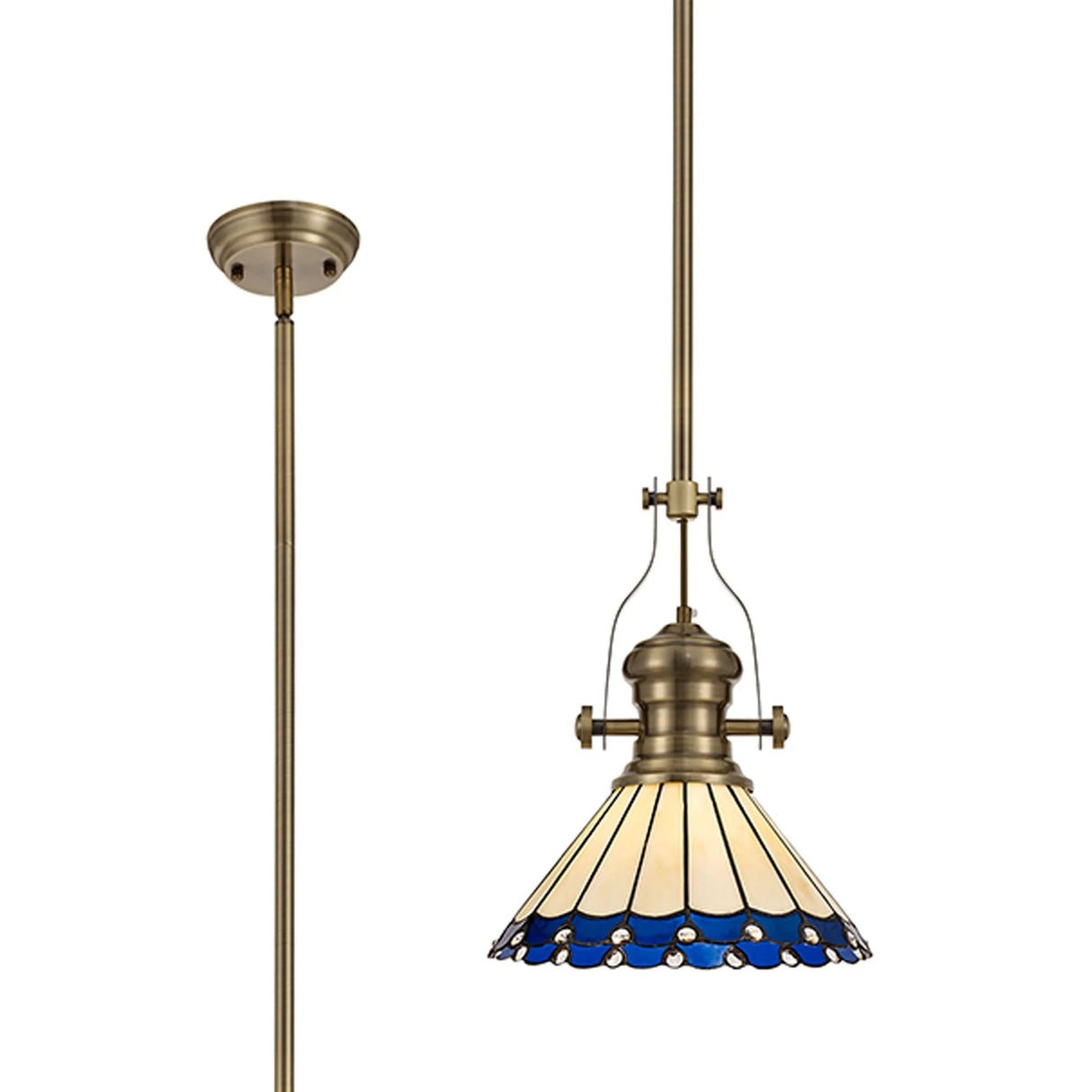 Williams 1 Light Pendant E27 With 30cm Tiffany Shade, Antique Brass/Blue/Cream/Crystal