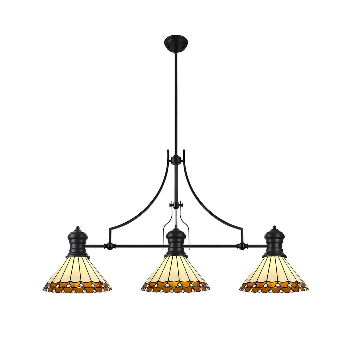 Williams 3 Light Linear Pendant E27 With 30cm Tiffany Shade, Matt Black, Amber, Cream, Crystal
